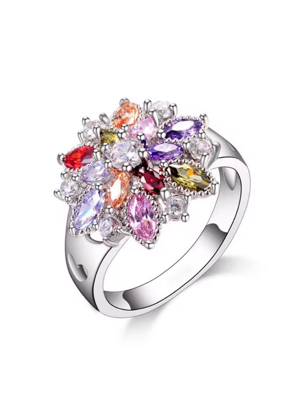 Multi-Color Flower Cluster Silver Ring - Women Jewelry